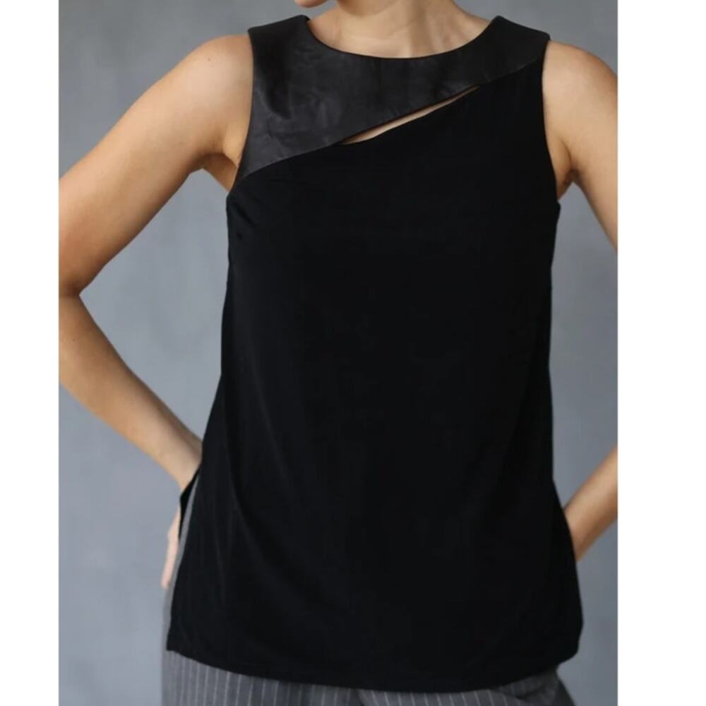 Rag & Bone Black Leather Trim Asymmetric Cutout Tank Top XS